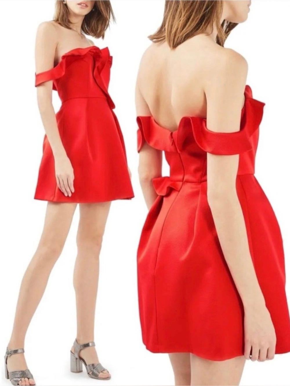 TOPSHOP Ruffle Bardot Off the Shoulder Red Minidress, Size 4